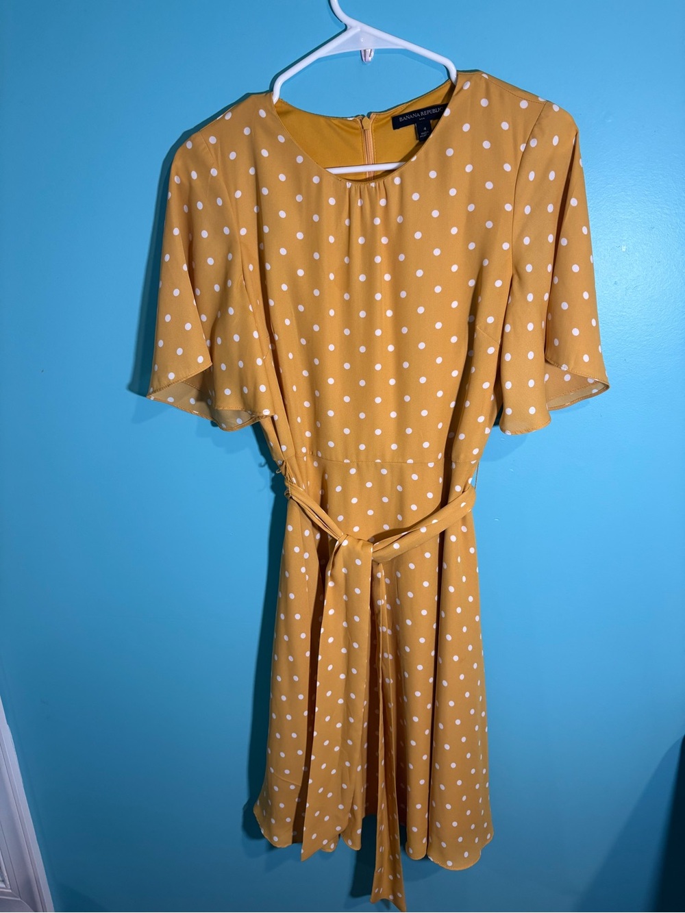Banana Republic Mustard Polka Dot Midi Dress with Tie Waist
